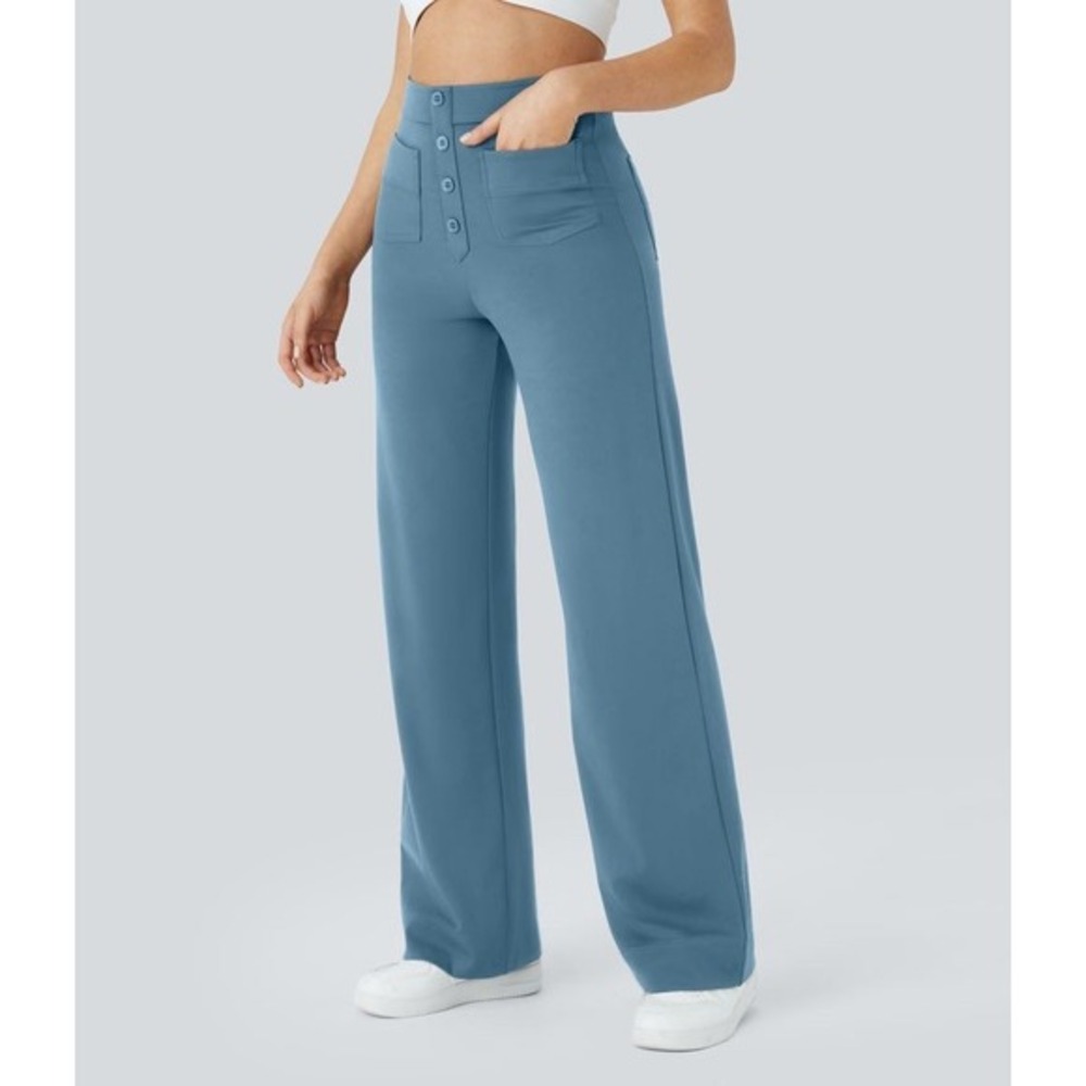 NWT Halara DayStretch High Waisted Pockets Straight Leg Casual Pants Warm Blue S